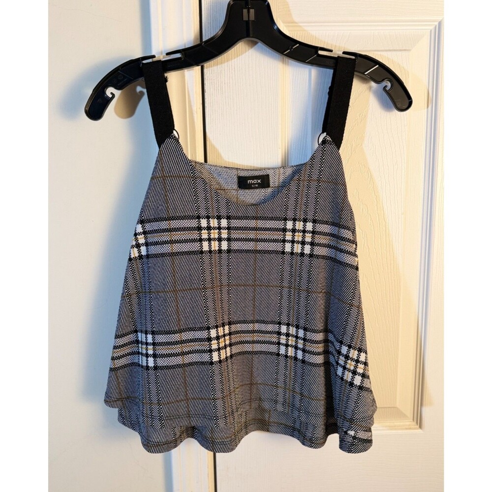 Max Black White Gray Plaid Cami Tank Top Swing Hem S 10